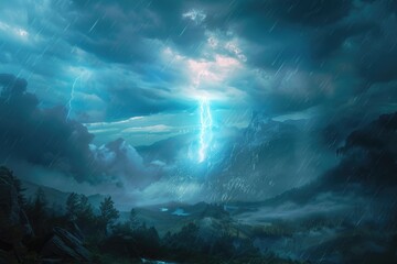 Poster - Fantasy landscape with stormy sky and lightning