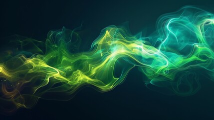 Wall Mural - Luminous green smoke waves flowing in a dark abstract art setting on dark background