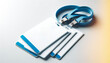 A set of blank ID badge holders with blue lanyards on a light gradient background, concept of branding mockup. Generative AI