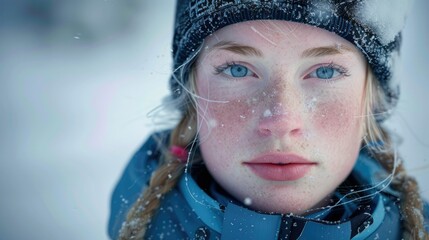 the close up picture of the person looking at the camera with the white snow background in the middl