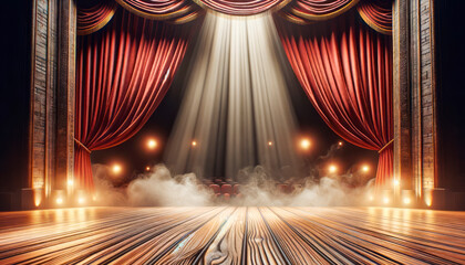 Poster - An empty theater stage with red curtains, illuminated by spotlights and hazed by stage fog, suggesting a dramatic atmosphere. Generative AI