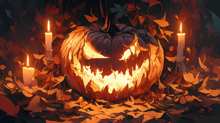 Wall Mural - 3d scary face of Halloween pumpkin with candle light on dark background