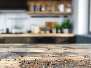 Poster - A blurred kitchen interior background with focus on the wooden surface, ideal for product presentation, Generative AI