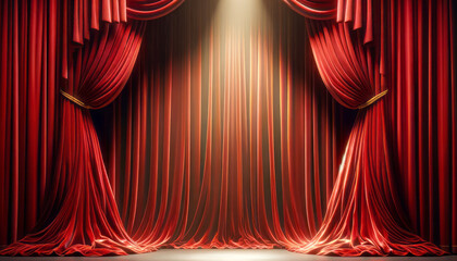 Poster - Red theater curtains parted with spotlight on stage, on a dark background, symbolizing performance. Generative AI