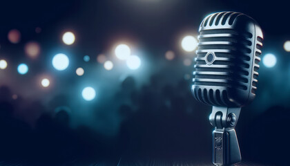 Poster - Retro microphone against a blurred bokeh light background, concept of music, broadcast or performance. Generative AI