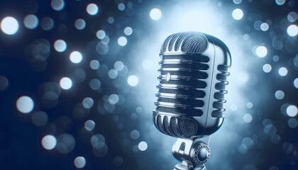 Poster - Close-up of a vintage microphone with a bokeh effect lighting in the background, focusing on musical theme. Generative AI