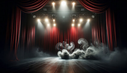 Poster - An empty theater stage with red curtains, spotlight illumination, and mysterious fog on a wooden floor, conveying a dramatic atmosphere. Generative AI