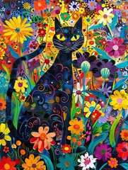 Naklejka na meble A painting of a black cat in a colorful garden.