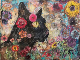 A painting of a black cat in a field of flowers.