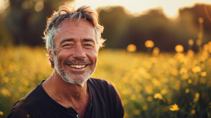 Wall Mural - Happy mature man portrait in middle of beautiful nature field with copy space