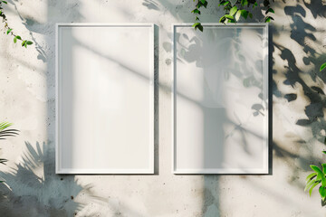 Poster - Two empty frames on a concrete wall with plant shadows, modern mockup. Generative AI