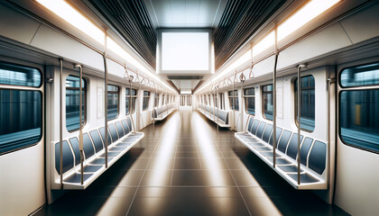 Poster - An empty modern subway train interior with a blank advertising billboard overhead, metal and glass materials, and bright light. Generative AI