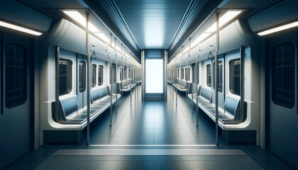 Poster - An empty subway train interior with a blank advertising poster on the wall, modern design, on a blue and silver background, concept of transportation. Generative AI