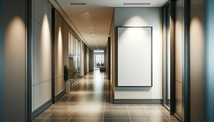 Wall Mural - A hallway with an empty poster on the wall, lit by overhead lights, modern corporate atmosphere. Generative AI