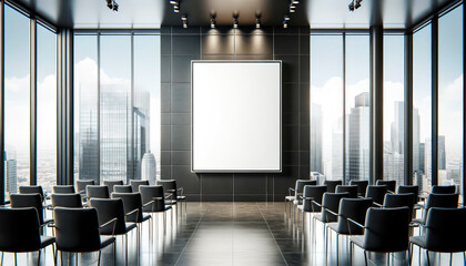 Poster - A modern conference room with rows of chairs and a large blank poster on a wall, city skyline in the background, conveying a corporate setting. Generative AI
