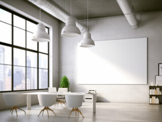 Poster - Modern office interior with a large blank billboard on a wall, minimalistic furniture, urban window view. Generative AI