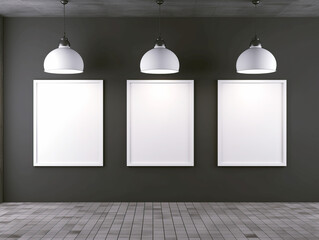 Poster - Three blank posters hanging on a dark wall, illuminated by ceiling lights, for advertising mockups. Generative AI
