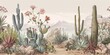 wallpaper landscape with desert and cactus, old drawing vintage