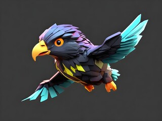 3d illustration of baby cute hawk neon theme floating in metaverse black background low poly style