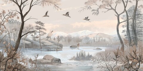 Wall Mural - wallpaper winter landscape with dry plants and trees, old drawing vintage