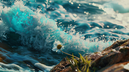 Wall Mural - sea waves and rocks with beautiful flowers