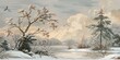 wallpaper winter landscape with dry plants and trees, old drawing vintage