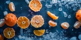 Fototapeta  - A bunch of oranges are on ice.