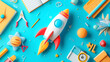 An engaging image featuring a Drawn Rocket Surrounded by School Supplies
