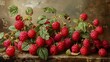 A painting of raspberries on a table.