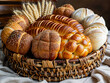 Breads in a basket on a table.