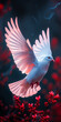 A white dove flying in the air with red flowers.