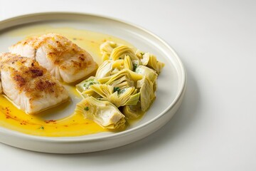 Artful Halibut with Artichoke Hearts and Saffron Broth