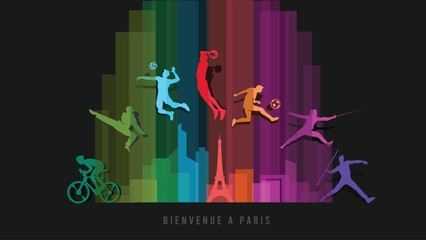 Wall Mural - Great editable vector file of international multisport festival with players silhouette in the front of paris skyline with classy and unique style best for your digital design and print mockup