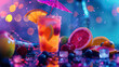 Vibrant Tropical Cocktail Delight. Colorful close-up of a tropical cocktail with fruit garnishes in a festive setting
