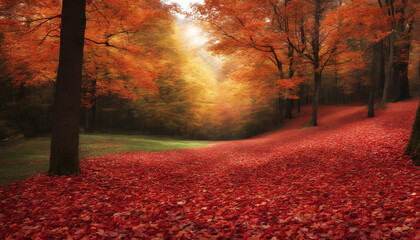 Wall Mural - Beautiful fallen leaves and red maple leaves falling through the trees, wonderful autumn magic
