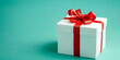 a white gift box with a red ribbon on a blue background, generative AI