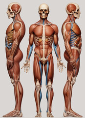 Muscular male anatomy illustration showcasing human body muscles, fitness, and health