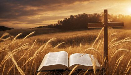 Wall Mural - Holy Bible And Cross On Countryside