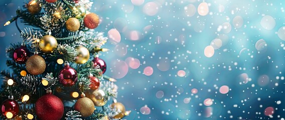 Christmas tree with colorful decorations on blue background