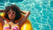© PasAI Photography - A stylish summer scene with a woman lounging on a bright inflatable in a pool wearing vibrant sunglasses, evoking a sense of tropical rest and vacation enjoyment