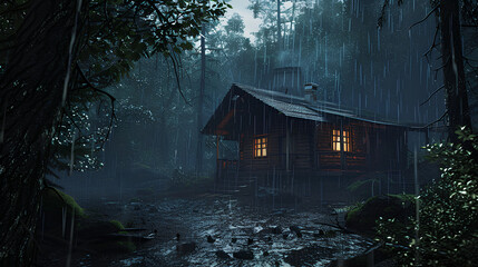 3d house in rainy day forest in dark atmosphere
