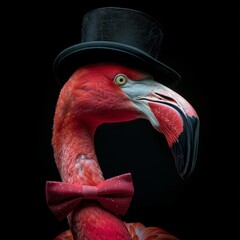 Wall Mural - Flamingo in top hat on dark background