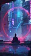 Concept Art of a Qigong practitioner channeling Qi in a serene, neondrenched futuristic setting, blending traditional practices with cyberpunk aesthetics