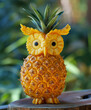 pineapple decorated like an owl, green tropical background