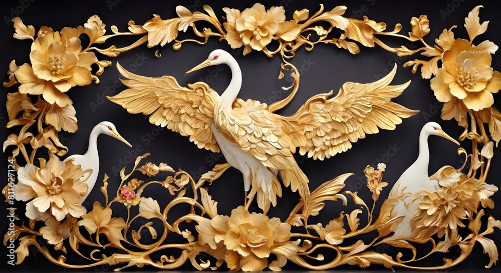 watercolor-golden-set-of-baroque-crane-floral-curl-rococo-ornament