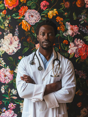 Poster - A man in a white lab coat stands in front of a floral wallpaper