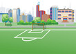 School stadium football field in modern city with field gate view. Vector illustration.