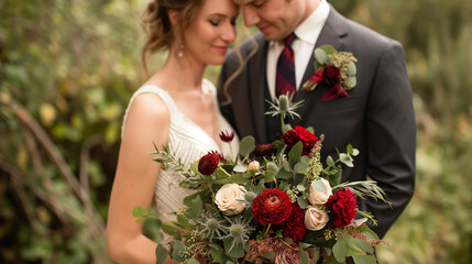 Wall Mural - Romantic Wedding Couple with Deep Red and Cream Floral Bouquet in Forest Setting