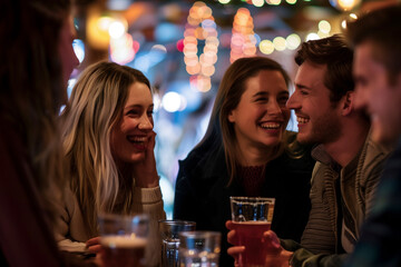 Group of friends have fun in nightlife sitting at pub laughing and talking in friendship together. People enjoying lifestyle and outdoor leisure activity by night. Tourist on vacation