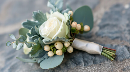 Wall Mural - Elegant bridal bouquet with white roses and eucalyptus on a rocky surface